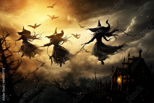 halloween witch lady with broom flying on halloween background