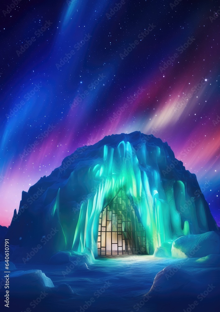 Igloo ice hotel on a snowy plain with aurora borealis during magic winter night. Generative Ai.