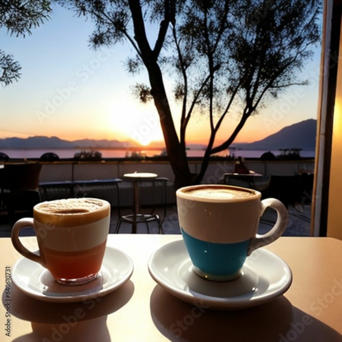 Tomando un cafe ,en un mirador con amanecer de fondo photo