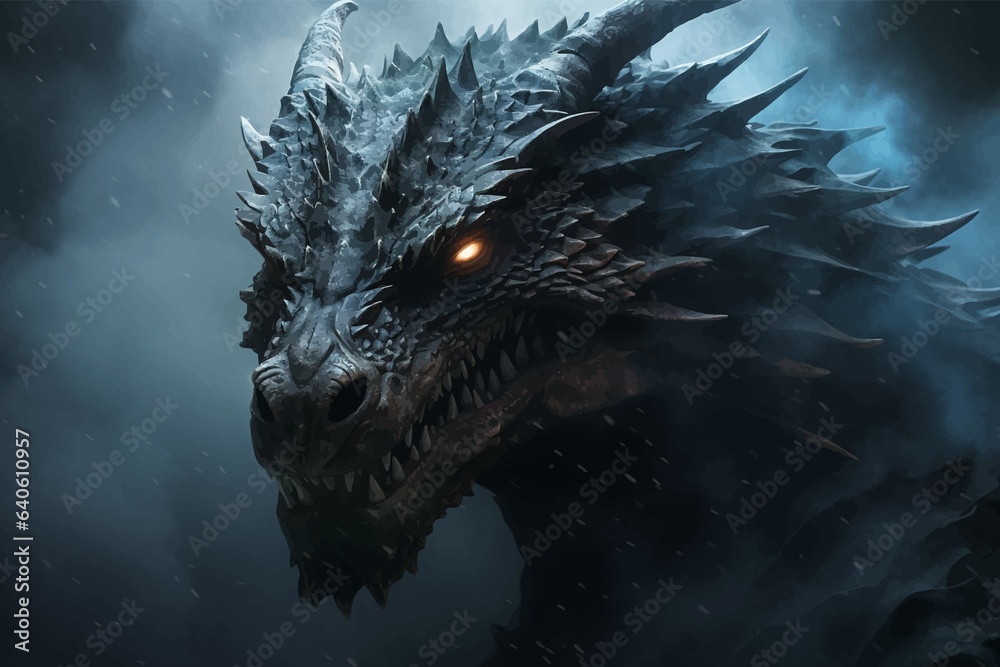 Fantasy dragon in the clouds. Fierce dinosaur in the smoke. Head of a Fantasy Evil dragon with glowing eyes. Mythical creature in the fog. Fearsome. Ancient Fairy tale beast. Monster. 3D Illustration Fantasy dragon in the clouds. Fierce dinosaur in the smoke. Head of a Fantasy Evil dragon with glowing eyes. Mythical creature in the fog. Fearsome. Ancient Fairy tale beast. Monster. 3D Illustration