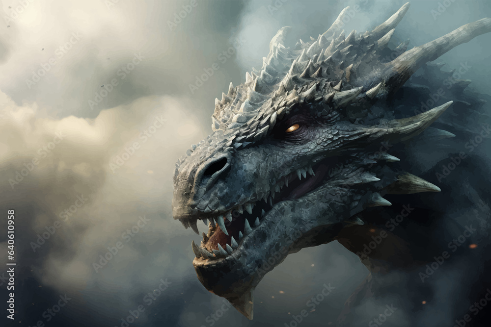 Fantasy dragon in the clouds. Fierce dinosaur in the smoke. Head of a Fantasy Evil dragon with glowing eyes. Mythical creature in the fog. Fearsome. Ancient Fairy tale beast. Monster. 3D Illustration Fantasy dragon in the clouds. Fierce dinosaur in the smoke. Head of a Fantasy Evil dragon with glowing eyes. Mythical creature in the fog. Fearsome. Ancient Fairy tale beast. Monster. 3D Illustration