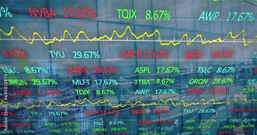 Animation of multicolored trading board and graphs with numbers over aerial view of city