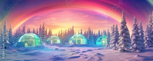 Igloo ice hotel with aurora borealis during magic winter  panorama. Generative Ai.