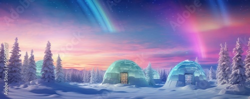 Igloo ice hotel with aurora borealis during magic winter night  panorama.  Generative Ai.