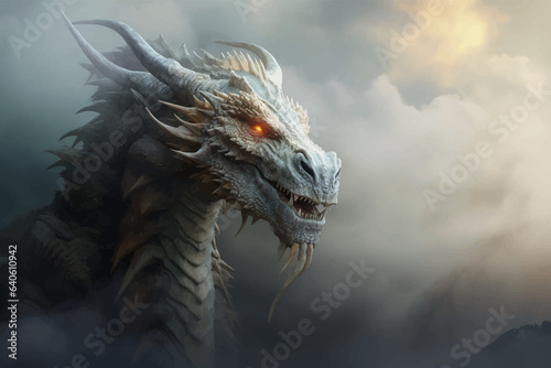 Fantasy white dragon in the clouds. Fierce dinosaur in the smoke. Head of a Fantasy Evil dragon with glowing eyes. Mythical creature in the fog. Fearsome. Ancient Fairy tale beast. Monster © Zakhariya