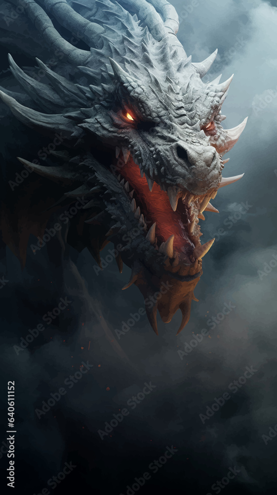 Fantasy dragon in the clouds. Fierce dinosaur in the smoke. Head of a Fantasy Evil dragon with glowing eyes. Mythical creature in the fog. Fearsome. Ancient Fairy tale beast. Monster. 3D Illustration Fantasy dragon in the clouds. Fierce dinosaur in the smoke. Head of a Fantasy Evil dragon with glowing eyes. Mythical creature in the fog. Fearsome. Ancient Fairy tale beast. Monster. 3D Illustration