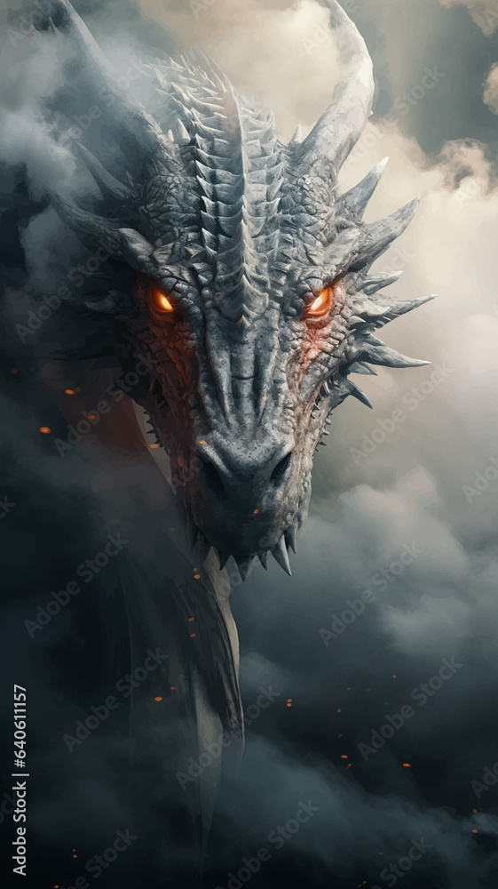Fantasy dragon in the clouds. Fierce dinosaur in the smoke. Head of a Fantasy Evil dragon with glowing eyes. Mythical creature in the fog. Fearsome. Ancient Fairy tale beast. Monster. 3D Illustration Fantasy dragon in the clouds. Fierce dinosaur in the smoke. Head of a Fantasy Evil dragon with glowing eyes. Mythical creature in the fog. Fearsome. Ancient Fairy tale beast. Monster. 3D Illustration