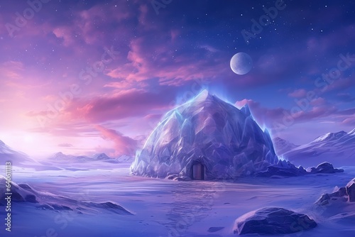 Igloo ice hotel on a snowy plain with sunset during magic winter night. Generative Ai.
