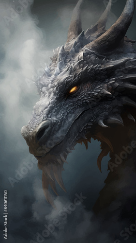 Fantasy dragon in the clouds. Fierce dinosaur in the smoke. Head of a Fantasy Evil dragon with glowing eyes. Mythical creature in the fog. Fearsome. Ancient Fairy tale beast. Monster. 3D Illustration