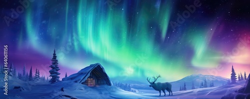 Igloo ice hotel with reindeers and aurora during magic winter night, panorama. Generative Ai.
