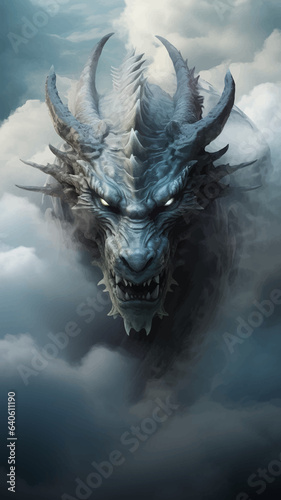 Fantasy dragon in the clouds. Fierce dinosaur in the smoke. Head of a Fantasy Evil dragon with glowing eyes. Mythical creature in the fog. Fearsome. Ancient Fairy tale beast. Monster. 3D Illustration © Zakhariya