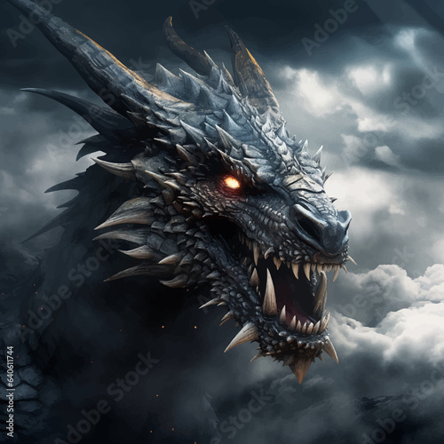 Fantasy dragon in the clouds. Fierce dinosaur in the smoke. Head of a Fantasy Evil dragon with glowing eyes. Mythical creature in the fog. Fearsome. Ancient Fairy tale beast. Monster. 3D Illustration © Zakhariya