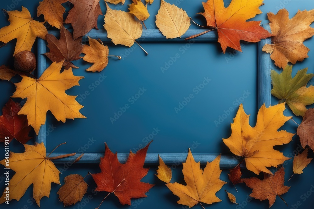 autumn leaves on a blue wooden background autumn leaves on a blue wooden background