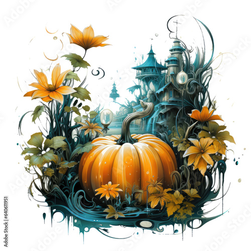 Watercolor Pumpkin Flower T-shirt Design  a surreal dreamscape where pumpkin  Generative Ai
