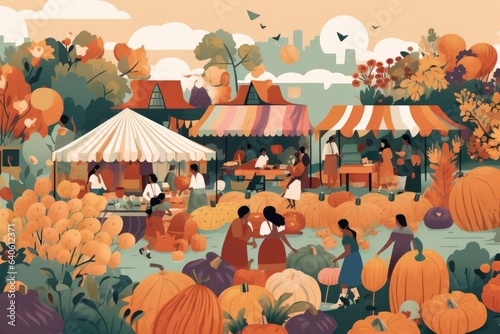 A harvest festival, featuring farmers' market stalls filled with fresh produce, colorful flowers, and happy people enjoying the festivities. Generative AI.