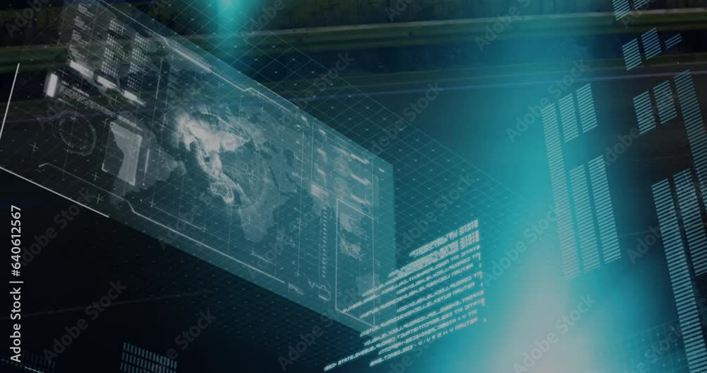 Animation of screen with globe, coding, grid pattern over light trails at night Animation of screen with globe, coding, grid pattern over light trails at night