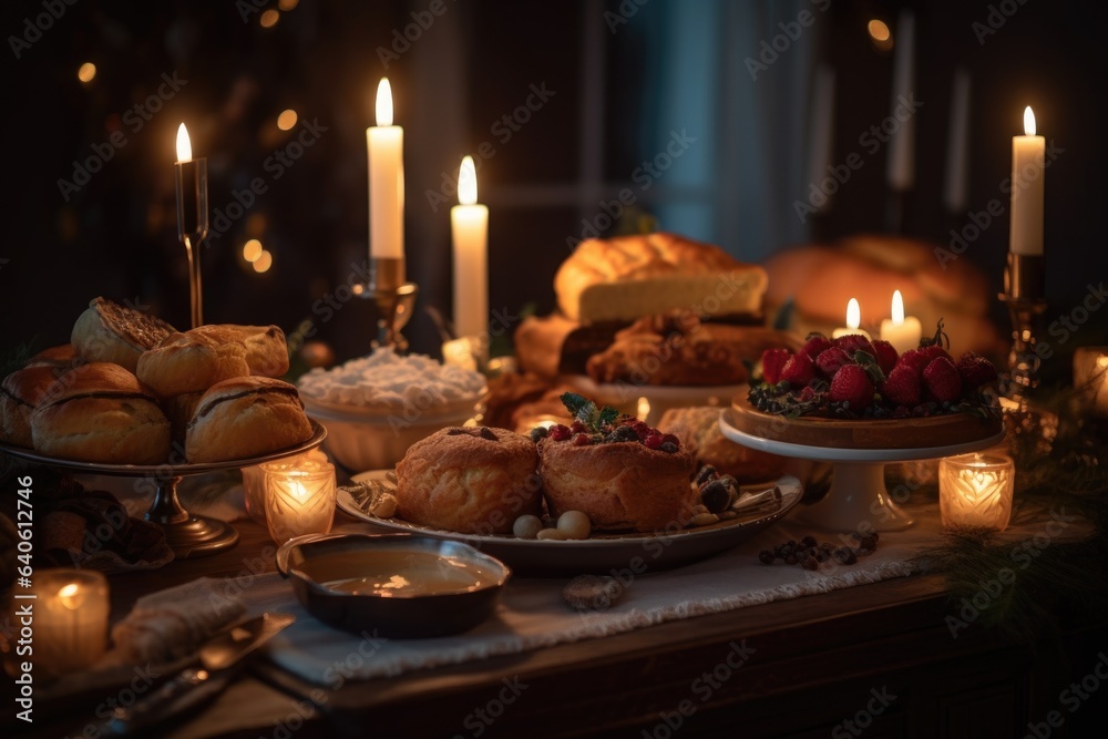 A cozy scene of a decorated dining table with delicious holiday food and candles, ready for a Christmas feast. Generative AI.