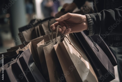 Hands holding multiple shopping bags filled with Black Friday purchases. Shopping spree and the satisfaction of finding great deals. Generative AI.