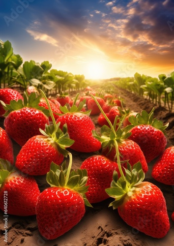 Red fresh strawberries in a row grow in the field, sunset light. Generative Ai.