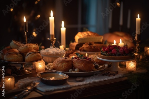 A cozy scene of a decorated dining table with delicious holiday food and candles, ready for a Christmas feast. Generative AI.