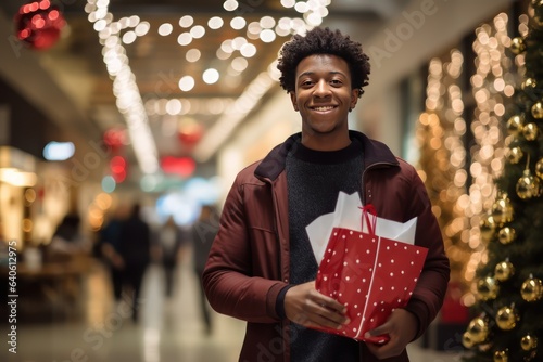 Young smiley African American man with a Christmas gift in a big mall. He is smiling and looking at camera. Christmas sales concept. photo