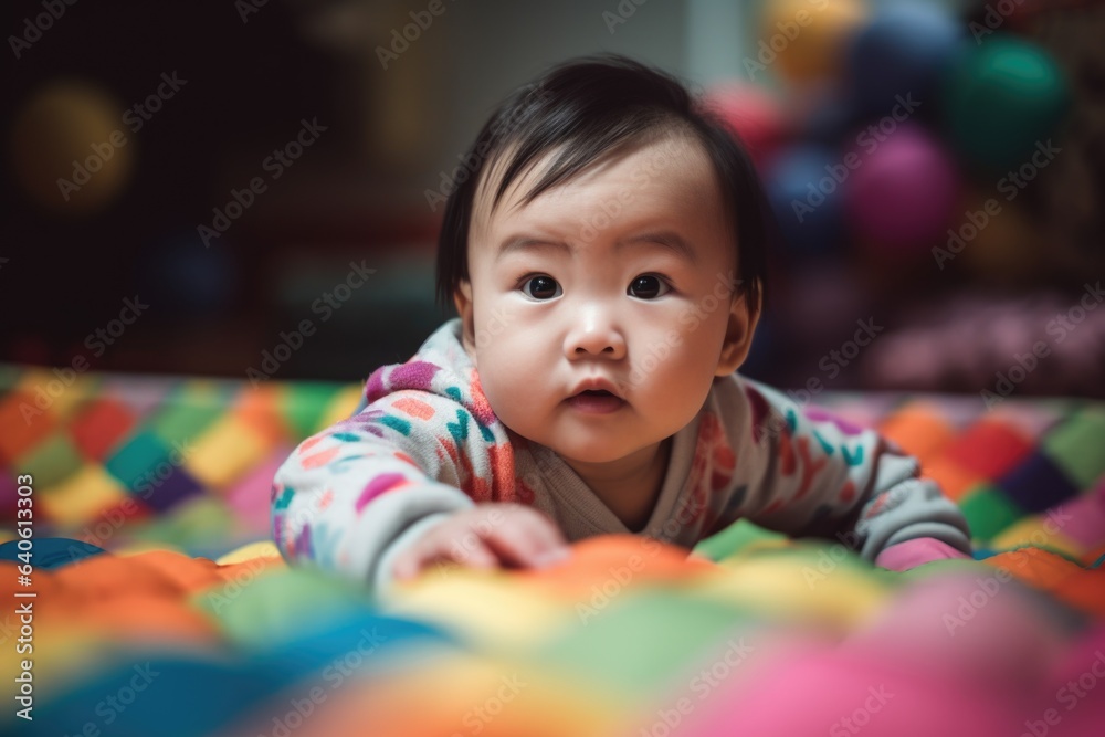 An Asian infant baby crawling or laying on his tummy, exploring surroundings. Developmental milestones. Child's curiosity and early mobility. Generative AI An Asian infant baby crawling or laying on his tummy, exploring surroundings. Developmental milestones. Child's curiosity and early mobility. Generative AI