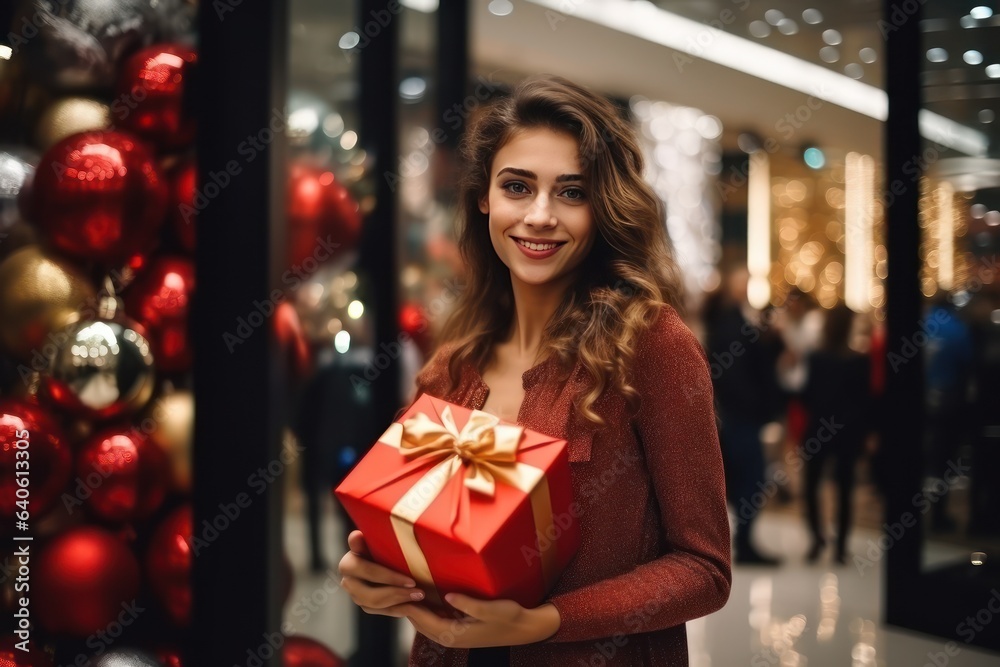 Christmas sales concept. Scandinavian young woman in with a Christmas gift in a mall. She is looking at camera and smiling.