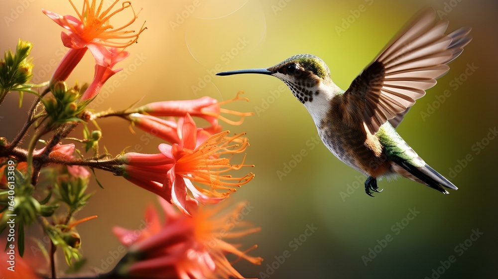 Fototapeta premium A small multicolored hummingbird hovered in flight near the flowers.