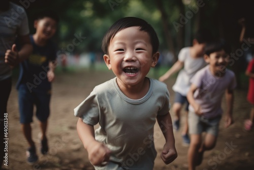 Asian happy smiling preschooler boy playing with a group of friends in a local park, running and laughing together. Social interaction and joy of play. Generative AI