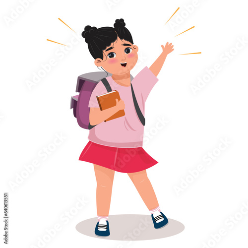 Education, reading concept with a happy cute girl caring a backpack, book
