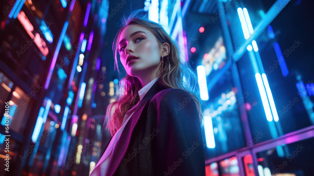 Empowered Urban Futurism: Confident Woman Amidst Neon Lights, Generative AI