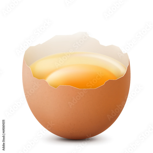Broken chicken egg half with a yolk isolated on a white background. Raw ?hicken egg smashed. Healthy diet. Realistic 3d vector illustration