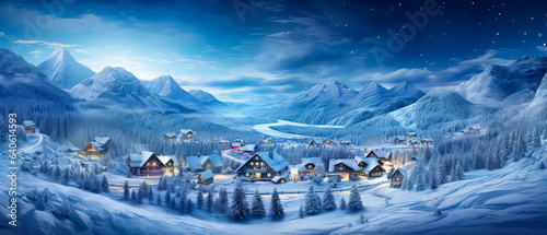 Winter Christmas landscape. Countryside view. Christmas holidays greeting card. Vacations concept with snowy hills, houses. Mountains ski resort, hotel. Winter scenery illustration. Generative AI © Inai