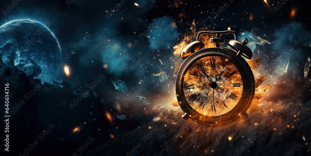 Burning alarm clock on fire background. Time is running out concept.  - obrazy, fototapety, plakaty 
