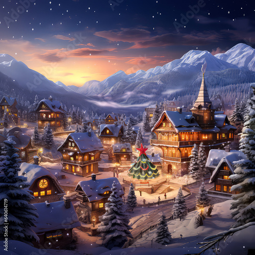 Winter Christmas landscape. Countryside view. Christmas holidays greeting card. Vacations concept with snowy hills  houses. Mountains ski resort  hotel. Winter scenery illustration. Generative AI