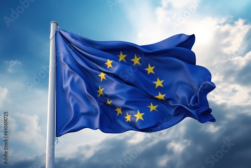 European Union flag background with cloth texture. European Union flag over sky background.