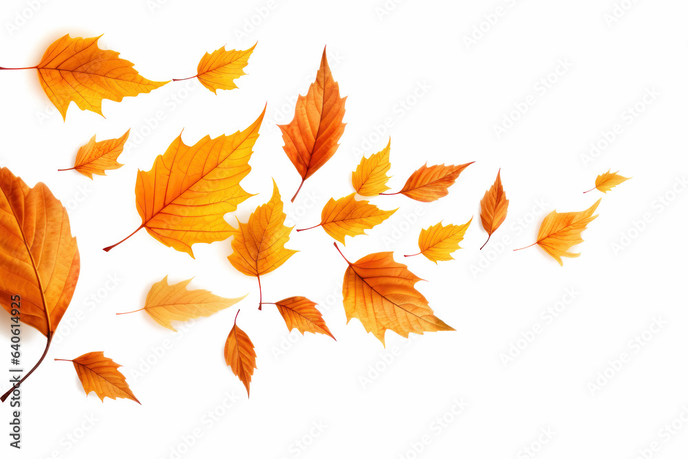 Naklejka premium Orange fall. Colorful leaves flying on white background