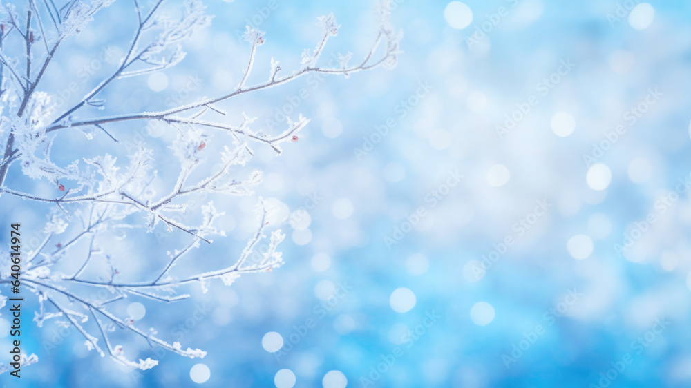 Winter background with snowy and iced branches on blue background with bokeh Winter background with snowy and iced branches on blue background with bokeh