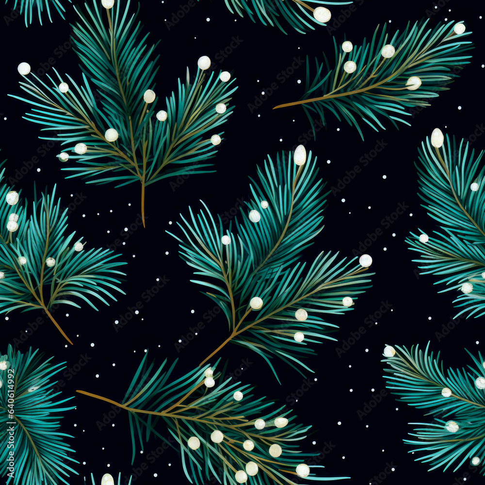 Fototapeta premium Pine branches and snow seamless pattern background