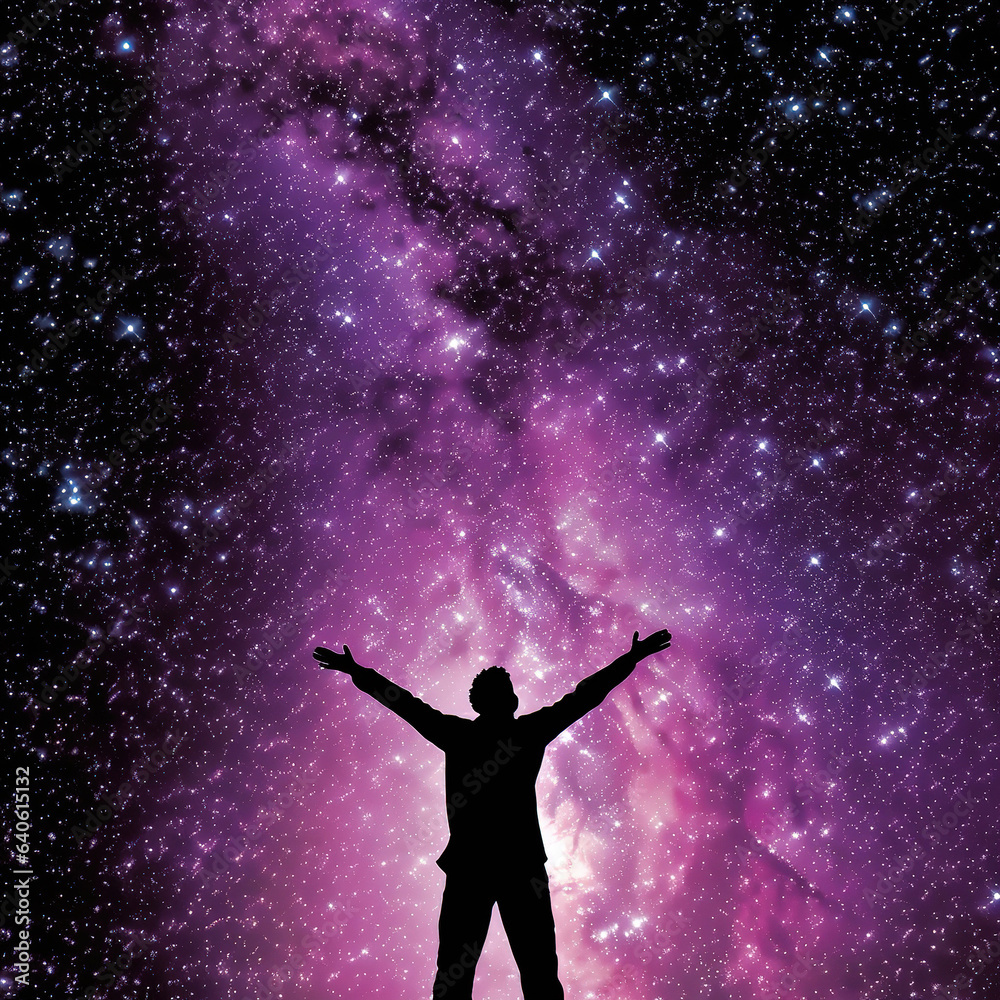Man with arms wide open and Milky Way stars. Created using generative AI technology. Man with arms wide open and Milky Way stars. Created using generative AI technology.