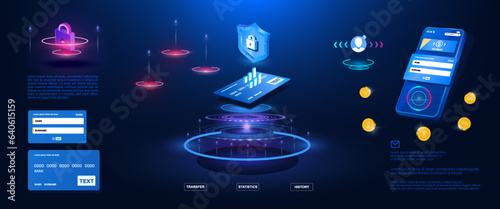 Online application with electronic wallets. Smartphone payment technology. Protecting data from cyber attacks. Internet banking. Smart wallet concept with card payment application