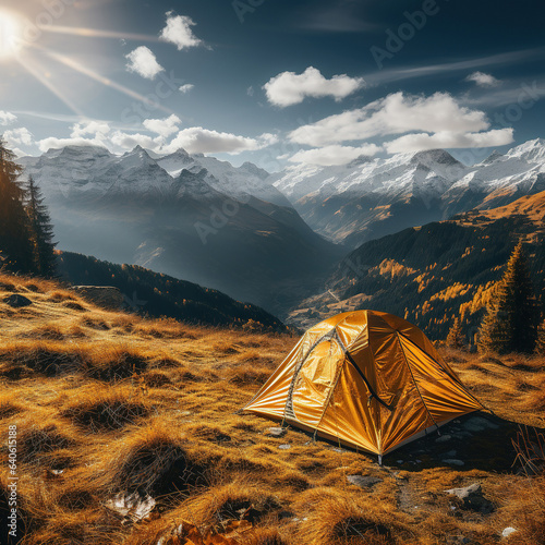Camping tent with beautiful landscape scenery. Created with generative AI technology.