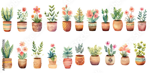 Fototapeta Naklejka Na Ścianę i Meble -  watercolor painting style illustration of cute boho flower pot plants collection set, Generative Ai