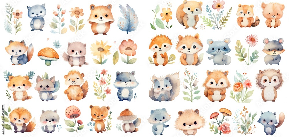 watercolor painting style illustration cartoon of baby animals with leaves and flower, squirrel, raccoon, bear, badger, set collection, Generative Ai