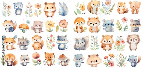 watercolor painting style illustration cartoon of baby animals with leaves and flower, squirrel, raccoon, bear, badger, set collection, Generative Ai