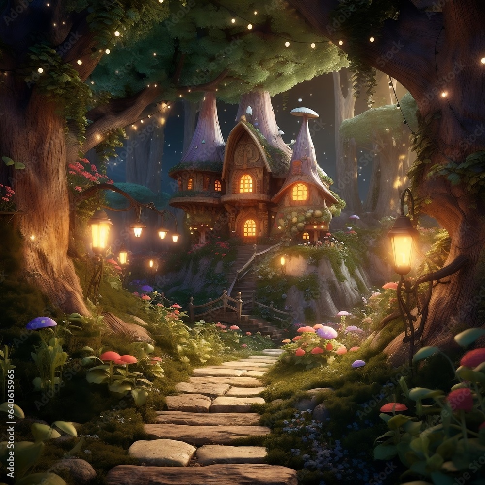 fairy tale elf house in the forest fantasy generative ai