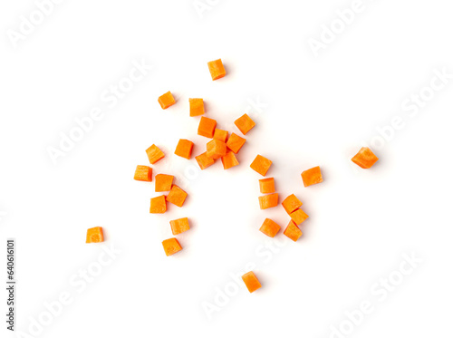 Billede på lærred Fresh Diced Carrot, Raw Carrot Cubes Closeup, Chopped Orange Root Vegetable, Dic