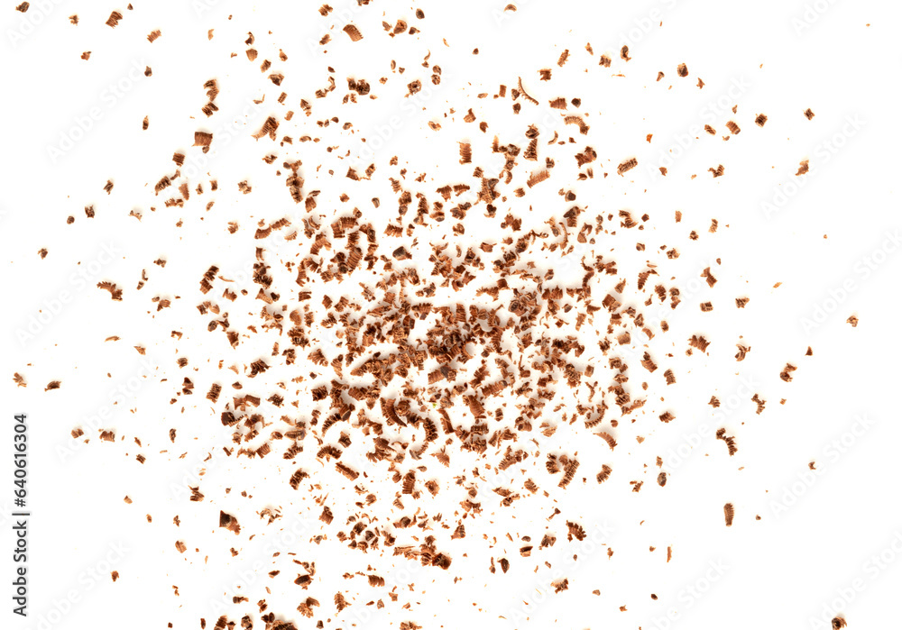 Grated Chocolate Pile Isolated, Crushed Chocolate Shavings, Crumbs, Scattered Flakes, Cocoa Sprinkles