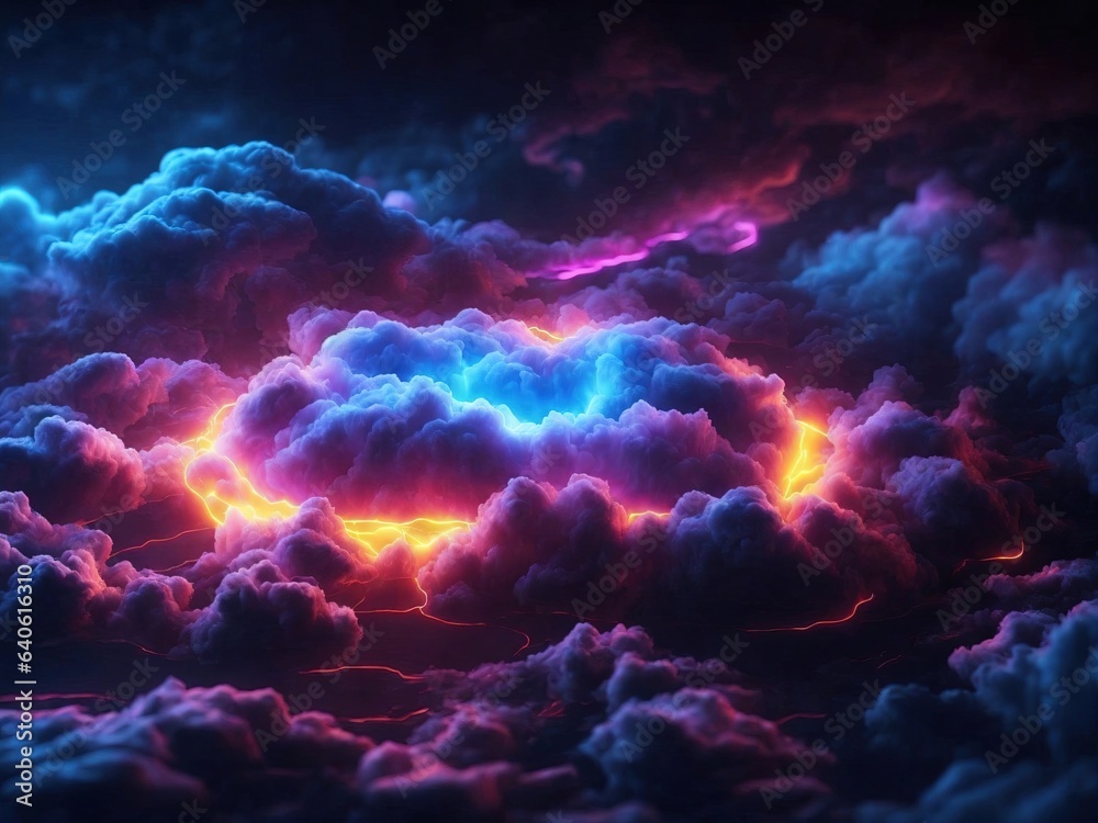 bright light inside the stormy cloud on the dark sky, neon background