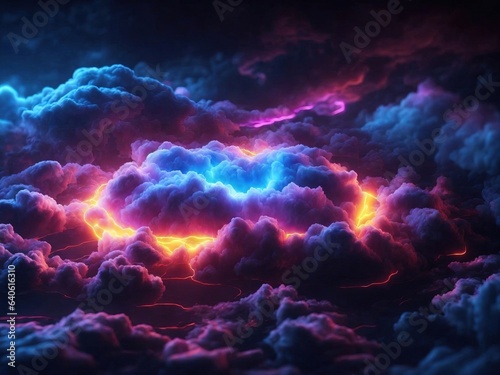 bright light inside the stormy cloud on the dark sky, neon background
